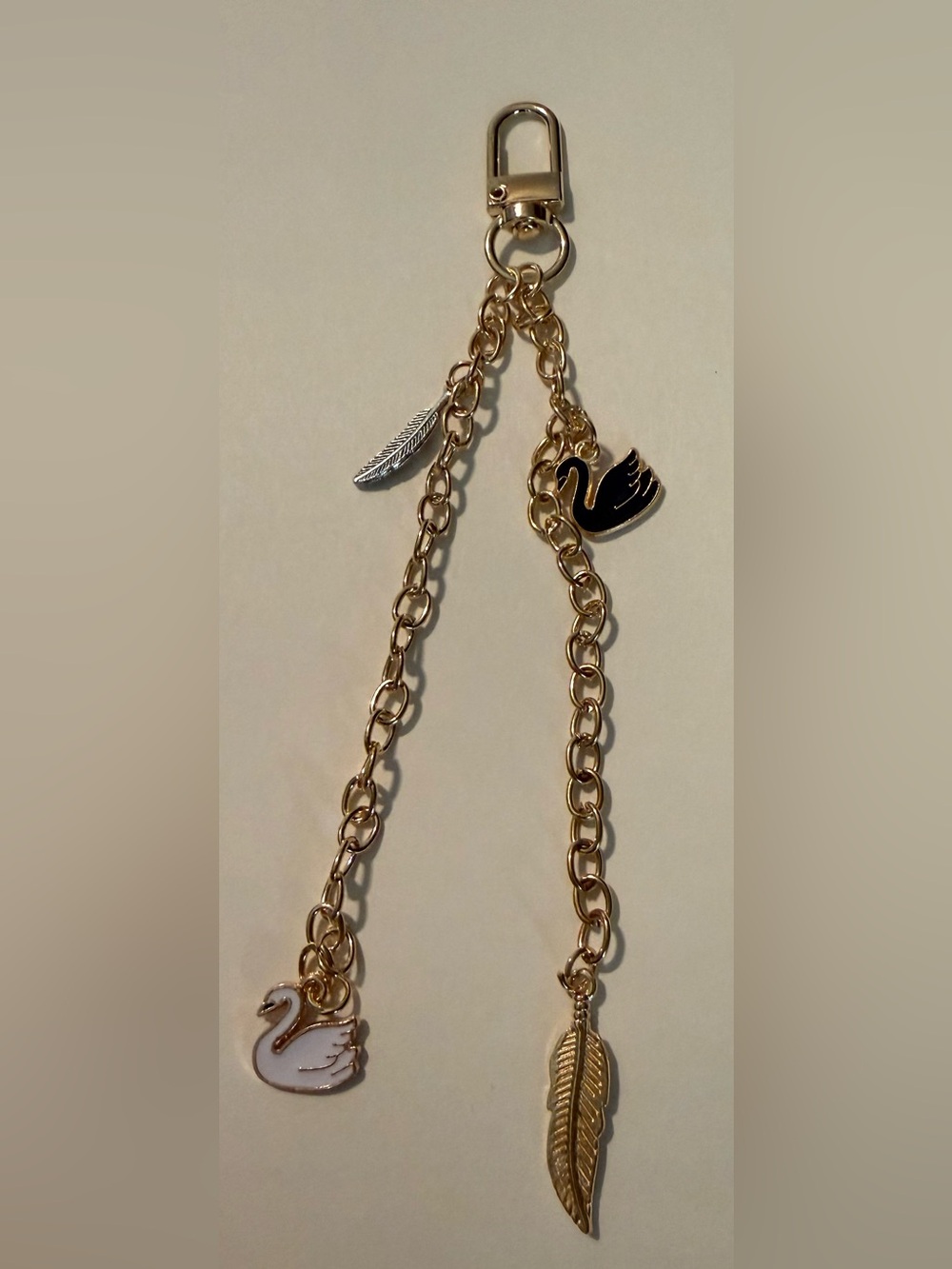 Gold Chain with Black Swan & Silver Feather Charms